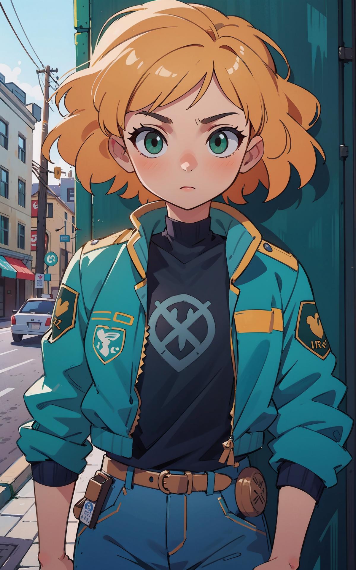 (masterpiece, top quality, best), 1girl, green eyes, curl  blonde hair,
long face, jacket, cowboy suit, belt, justice poli...
