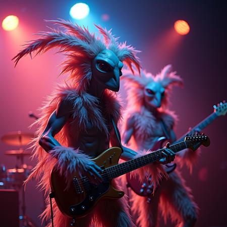 bizarre alien creatures covered in multi-colored feathers performing on stage as a rock band in a alien night-club, photo