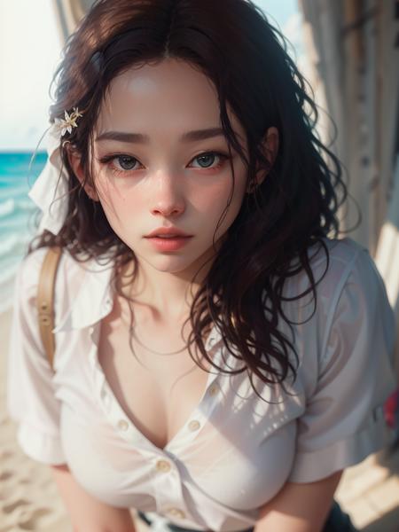 minju, (masterpiece), best quality, highest quality, (close up portrait:1.3), (upper body:1.1), (detailed face:1.2), original,highres, detailed skin, looking at viewer,solo, \\ (white shirt:1.2), (striped miniskirt:1.1), standing, (beach:1.2), plants, flowers, <lora:mjftw:0.7>, by lee jeffries nikon d850 film stock photograph 4 kodak portra 400 camera f1.6 lens rich colors hyper realistic lifelike texture dramatic lighting unrealengine trending on artstation cinestill 800