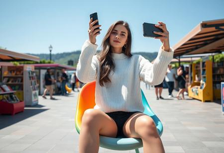 masterpiece, 8k, perfect ligthing, score_9, score_8_up, score_7_up, score_6_up, score_5_up, score_4_up, A young woman is sitting outdoors on a colorful modern chair in a sunny public space. She is wearing a white long-sleeve sweater and black shorts, holding her phone up to take a picture or video. In the background, there are several book displays, information booths, and other people casually strolling. The sky is clear and blue, with some greenery and hills visible in the distance. The setting gives off a lively and relaxed vibe, with a focus on reading and leisure activities. Super see through clothes, extreme shimmering underwears, natural hand, erect nipples