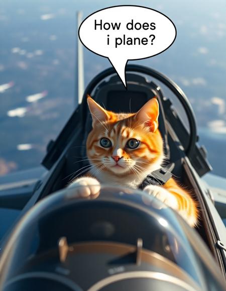 photo of a cat piloting a fighter jet, as seen from the cockpit. a speech bubble says "how does i plane?"