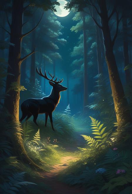 Moonlit forest glade with swaying forest flowers and creatures into foliage in an Albert Eckhout-inspired art style, creature's eyes, fragments of foliage, glimpsing through variety of greens, hues of the colors of the forest in night time, ultrahigh-definition, intricate details of forest floor, ferns and leaves, moonlight casting long shadows, beholder of deep mystery and tranquility<lora:xl_more_art-full_v1:0.3>