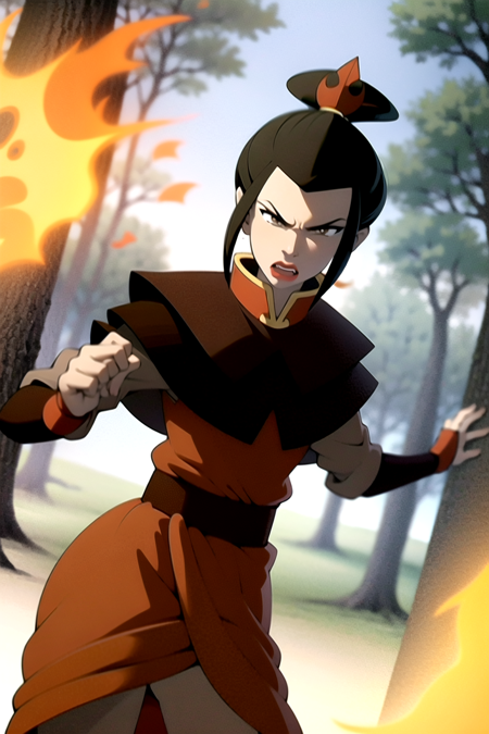 masterpiece, best quality, 1girl, azula, angry, open mouth, lipstick, makeup, looking at viewer, fire, forest fire <lora:Azula:1>