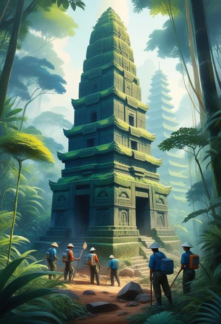 Watercolor painting. Medium shot. An excavation team unearths a pulsating monolith buried in a lush, tropical jungle, its spires piercing the canopy. The scene is bathed in a soft, dreamlike light, with colors blending seamlessly into one another. The style evokes traditional Japanese art, with delicate brushwork and intricate patterns. The team is rendered with finely observed details, creating a harmonious composition. The lighting is soft and diffused. A masterpiece, best quality, 8k resolution, trending on Artstation.