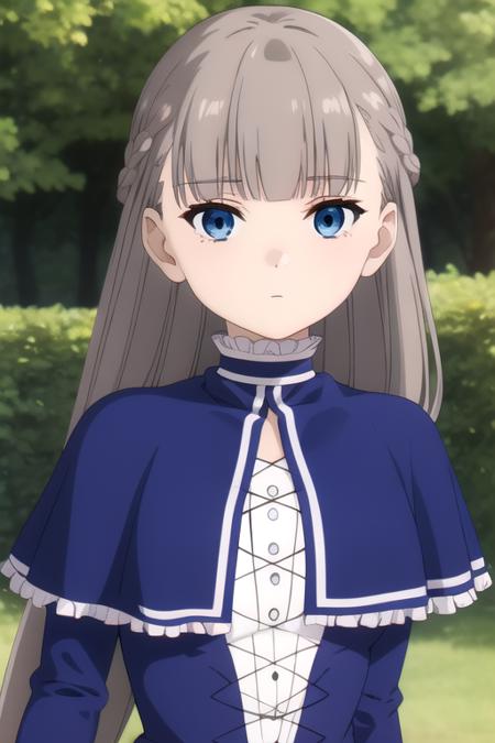 very long hair,grey hair,french braid,blunt bangs,blue eyes frills,blue capelet,blue dress,cross-laced clothes,long sleeves,frilled sleeves,small breasts,knee boots,lace-up boots,cross-laced footwear,white footwear