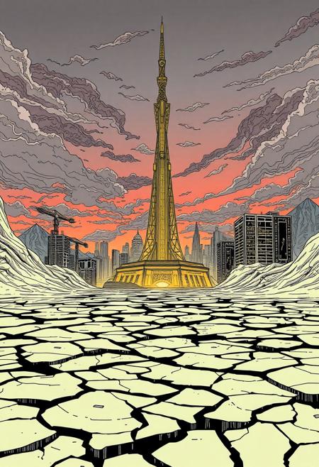 A masterpiece of intricate line work, with expressive contrasts, dynamic lighting, of the shattered cracked ground of the Neo-Oceania desert in the foreground, with a high-contrast twilight sky over a city of high-tech cyberpunk, high-tech orderly low-life style, with a technological pyramid, a space elevator in which it's tower stretches all the way up beyond the clouds in the middle frame which is made of triangulated trusses similar to a crane jib but not exactly like a crane.