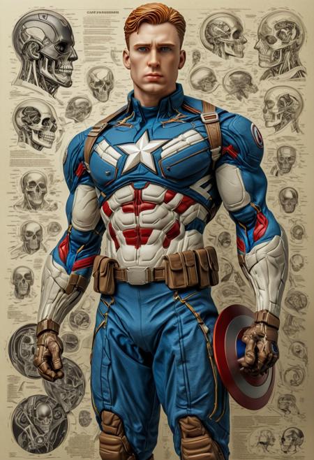 The composition features a detailed representation of a Captain America (Steve Rogers) action figure. The focus is on an anatomical and character portrait, illustrating the figure's skeletal structure, which is visible beneath the toy's surface. This intricate depiction allows for a closer inspection of the figure's inner workings, providing a unique and informative perspective on the iconic superhero.