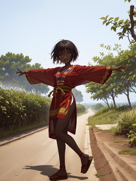 amazing intricate, black hair, short hair, dark brown eyes, (round eyes:1.3), happy, :D, medium breasts,
outstretched arms, looking at viewer,
(dashiki:1.6), sandals,
from side, 
full body, ghana, arid region, sparse vegetation, sky <lora:kasshokuhada:1>