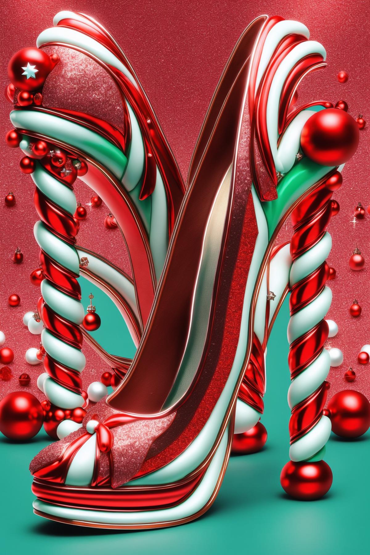 A Christmas-themed high heel with candy canes and ornaments.