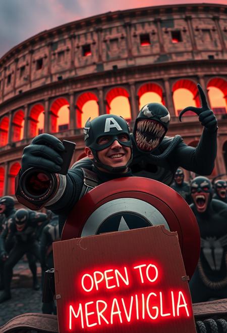 Marvel icons, Captain America and Venom, are caught in a surreal, high-energy selfie in front of the ancient Colosseum, with an unsettling atmosphere creeping into the scene. Captain America, his shield glowing faintly under the dimming light of a blood-red sunset, holds a vintage Kodak MC3 camera, trying to capture the eerie moment. Venom, grinning with malevolent glee, strikes a wild pose, his tendrils snaking around Cap’s shoulders, almost squeezing too tight in a way that blurs the line between playfulness and menace. Behind them, the towering Sion army approaches, their glowing red eyes piercing through the shadows of their insect-like helmets.
The Colosseum looms ominously in the background, its ancient arches casting dark, twisted shadows as if the structure itself is alive. The iconic ruins feel warped, with cracks pulsing as though ready to split open. In the foreground, a neon cardboard sign reads ‘OPEN TO MERAVIGLIA,’ but the letters flicker erratically, with some symbols morphing into eerie, cryptic shapes. Holographic effects ripple unnervingly, and the air around them is thick with swirling dust and mist, giving the scene an otherworldly, haunted feel. The contrast between the decaying landmark, superheroes, and the approaching army creates a chilling snapshot of a reality slipping into chaos