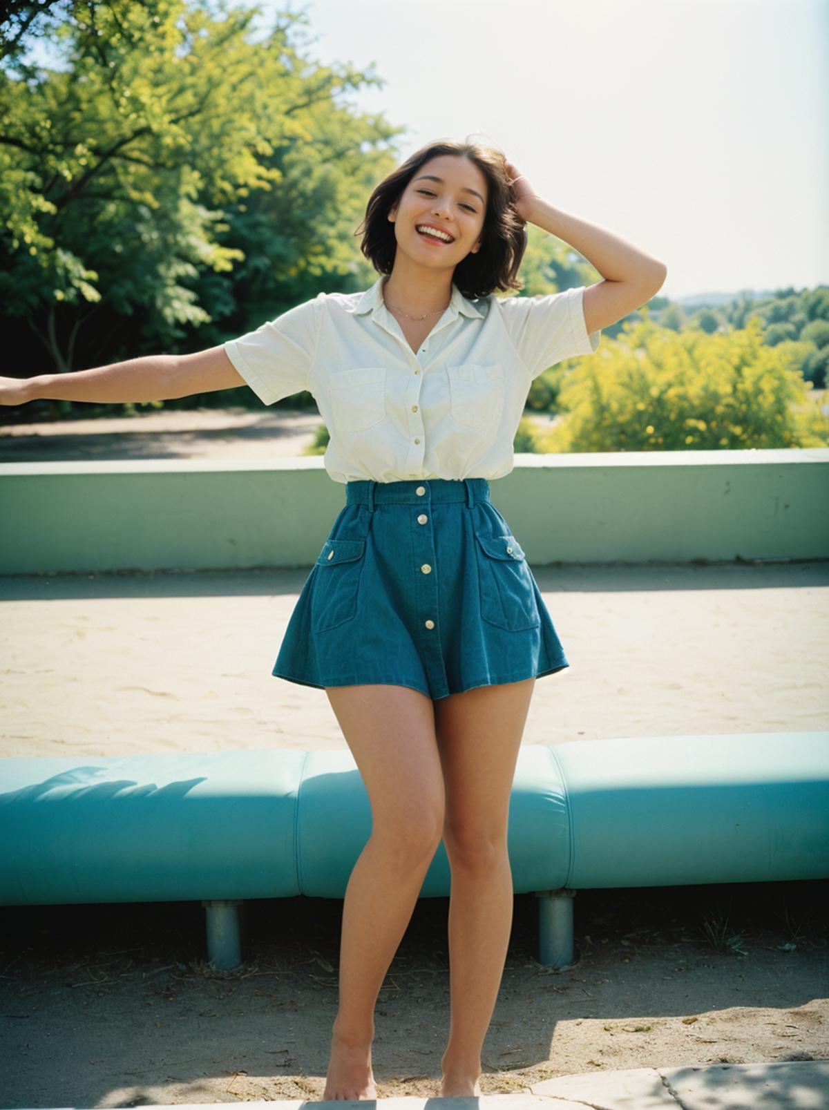 A young woman wearing a white shirt and blue shorts poses for the camera.