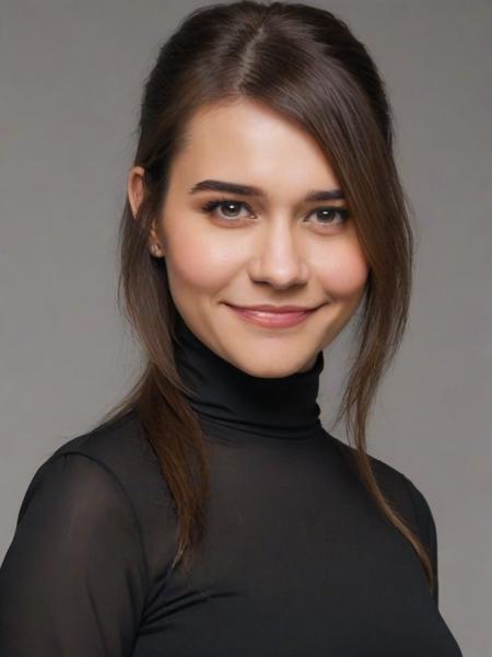 Portrait photo of al3ss4n3grin1, black turtleneck blouse, white background, face smiling, ponytail