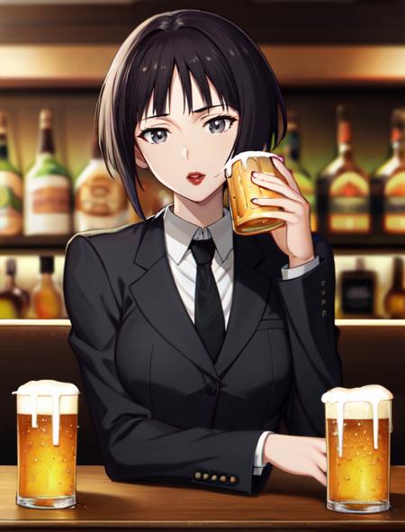 best quality, masterpiece, highres, detailed, digital artwork, <lora:Detail - add_detail:0.2>, AmamiyaRON, grey eyes, lipstick, short hair, black jacket, tie, white shirt, <lora:Character - AmamiyaRON:0.8>, upper body, bar, beer, drunk,