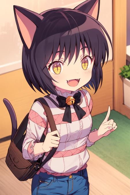 (masterpiece_1.3), (best quality_1.2),kuronekosuzu,1girl,solo,takahashi_rumiko,fang,open mouth,looking at viewer,petite,small_breasts,animal ears,cat ears,black hair,short hair,cat girl,bell,tail,cat tail,yellow eyes,slit pupils,neck bell,smile,  <lora:20_kuronekosuzu:0.8>finger frame,collared dress shirt,   Shoulder bag  horizontal-striped  denim pants