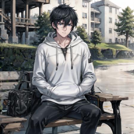 gerardcurian, 1boy, black hair, blue eyes, casual clothes, (white hoodie:1.1), park bench, sitting down, looking around