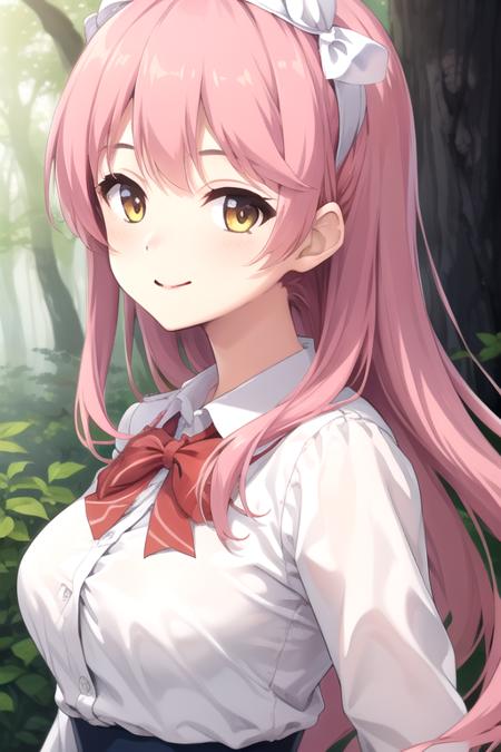 Kurama Koharu very long hair,pink hair,shiny hair,floating hair,white hairband,hair ribbon,sidelocks,bangs,yellow eyes red bowtie,white shirt,long sleeves,large breasts,button,blue skirt,pleated skirt,frilled skirt,white socks,loafers