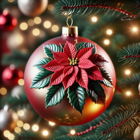 very realistic close-up photograph of a  Christmas sphere with a  poinsettia on it hanging in a Christmas tree branch