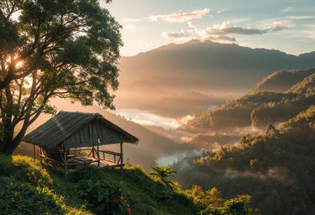 A serene, picturesque valley in the Philippines with lush greenery, gentle sunlight filtering through tropical trees. A traditional Nipa hut (Filipino bahay kubo) sits peacefully on a hilltop or slope, overlooking a majestic mountain range in the background. The hut is made of bamboo and thatched palm leaves, surrounded by vibrant flowers and native vegetation. Mist rises gently from the valley below. Soft golden-hour lighting enhances the tranquil atmosphere. Realistic, high detail, cinematic quality.