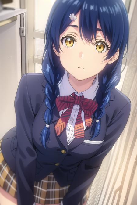 megumi tadokoro, long hair, blue hair, (yellow eyes:1.3), braid, twin braids, bow, school uniform, striped, bowtie, blazer, striped bowtie, blue blazer, brown skirt, plaid skirt, plaid, chef, pants, white pants,