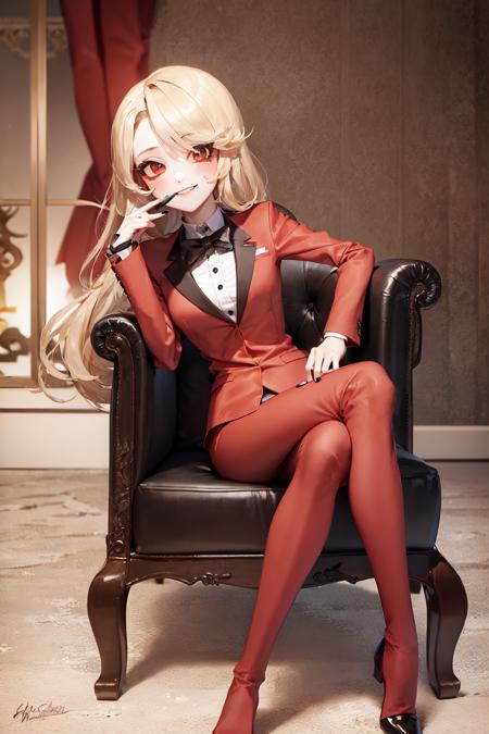 (masterpiece, best quality:1.2), <lora:hazbin_morningstar-10:0.8>, solo, 1girl, charlie morningstar, smile, looking at viewer, sitting in an armrest chair, long hair, red suit, red pants, hotel