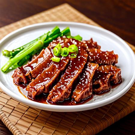 masterpiece,hight quality,A high-resolution, photorealistic image showcasing a dish of teriyaki beef. The beef slices are glazed in a glossy, dark teriyaki sauce with a visibly sticky texture, slightly caramelized at the edges. They are presented on a white porcelain plate, garnished with sesame seeds and finely sliced green onions. The background shows a wooden dining table with natural lighting from the side, highlighting the juicy tenderness of the beef and the rich color of the sauce,<lora:oldfan50:0.75>