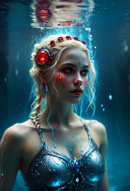 Tilt-shift photo of <lora:Abstract Concept-Hydromatic:0.4>,concept art,transhumanist hydration,under water,hydropunk,neuromancer,emanating with blue aura,submerged,flowing,, a woman with blonde hair and a red jeweled headpiece is shown in this digital painting style image,<lora:CB-Fantasy-000004:1>, Charlie Bowater, fantasy art, a detailed painting, exquisite details, . Selective focus, miniature effect, blurred background, highly detailed, vibrant, perspective control