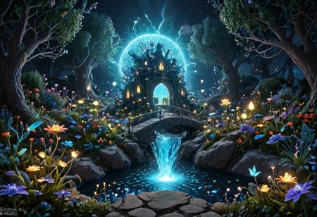 (Isekai anime style.Anime coloring.(0.9))In a whimsical world, a beautiful fairy garden blooms with vibrant flowers and sparkling fountains. A delicate, crystal bridge spans a gentle stream, leading to a majestic tree with leaves that shimmer like diamonds. A friendly, fluffy rabbit hops along the winding path, surrounded by fluttering butterflies and sweet, singing birds. The garden is filled with hidden treasures, like a tiny, glowing fairy door and a secret, shimmering cave. A soft, fluffy cloud drifts lazily across the sky, casting a warm, gentle shadow over the garden. The air is filled with the sweet scent of blooming flowers and the soft, soothing sound of gentle chimes. It's a peaceful, magical place where dreams come alive and wonder waits around every corner.master_class,master_piece,up_8,up_9,perfect beautiful,perfect beautiful early morning light.