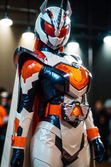 majade, solo, 1girl, cropped, upper body,cowboy shot,mature female, perfect female body,large breasts, gloves, female focus,skin tight bodysuit, covered navel,helmet,glowing eyes, orange eyes,orange hair,tokusatsu, kamen rider,rider belt,horns, armor, unicorn,cape, hdr,bokeh,depth of field,  <lora:majade:0.7>