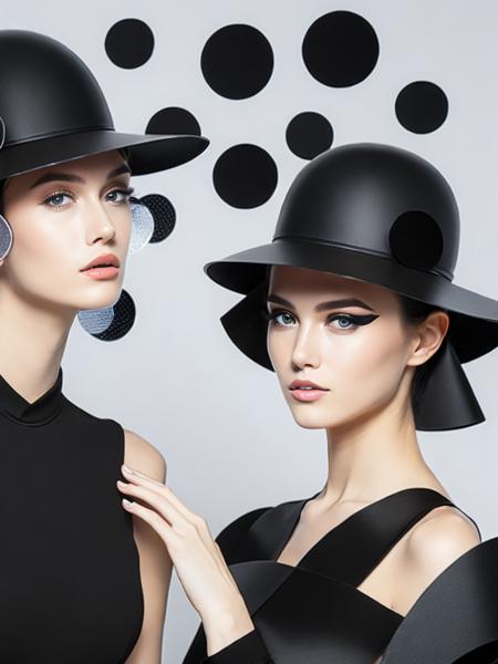 <lora:Avant-gardeFashion:1>two women wearing hats made out of black plastic circles and cut out circles Avant-garde Fashion