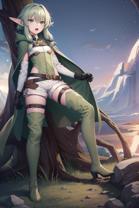 highelfarcher, <lora:highelfarcher-lora-nochekaiser:1>, 
high elf archer, elf, (green eyes:1.5), green hair, hair between eyes, long hair, pointy ears, sidelocks, (flat chest:1.2), <lora:doyagao_v080:1>, <lora:talkmouth_U_v100:1>, open mouth,
BREAK asymmetrical clothes, boots, cloak, elf, gloves, green thighhighs, high heels, shorts, thighhighs,
BREAK looking at viewer,
BREAK outdoors, nature, forest,
BREAK <lyco:GoodHands-beta2:1>, (masterpiece:1.2), best quality, high resolution, unity 8k wallpaper, (illustration:0.8), (beautiful detailed eyes:1.6), extremely detailed face, perfect lighting, extremely detailed CG, (perfect hands, perfect anatomy),