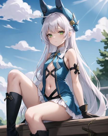 best quality, (masterpiece:1.2), illustration, absurdres, bright colors, vivid colors,
(1girl), (solo), (beautiful detailed girl), 
<lora:AltinaMagicalGirl-08:0.8>,  Altina Orion, white hair, long hair, sidelocks, tress ribbon, hair ornament, green eyes, flat chest,
blue headwear, bunny ears,
blue dress,  navel cutout, clothing cutout, sleeveless, bare shoulders, gloves, white skirt, knee boots, ribbon,
apathetic, expressionless,
park, sky, clouds, trees, outside japanese school, on back from below