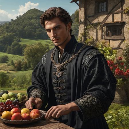 Create a medieval male character, 
standing, 
with an angular face, 
focused sharp and attractive, 
clear detailed and defined eyes and rich clean and shiny clothing, 
20K, 
3D, 
background of a country setting with an outdoor table with delicacies, 
hyper detail, 
highly detailed, 
fine detail, 
hyperrealistic, 
surrealism, 
ultra hd, 
realistic, 
vivid colors, 
perfect composition, 
beautifully detailed intricate insanely detailed octane rendering trending on artstation, 
8k art photography, 
natural volumetric cinematic, 
perfect light, 
chiaroscuro, 
award - winning photograph, 
masterpiece, 
oil on canvas, 
raphael, 
caravaggio, 
greg rutkowski, 
beeple, 
beksinski, 
giger