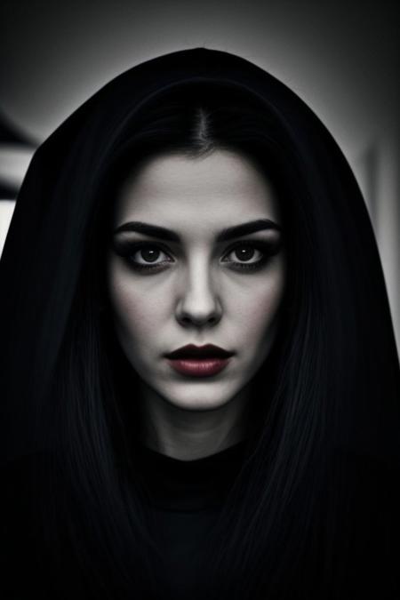 studio set photorealistic, perfect face, pitch black background, pitch black room, pitch black scenario, ((greyscale)), intense eyeliner, dark gothic romance look, pitch black gown, very beautiful woman, long pitch black hair, massive wild bodylong pitch black hair, vampira inspired by maila nurmi, like an ed wood movie, pitch black withered cape, very aristocratic noble pose, extreme close-up only to face with very intensive eyes