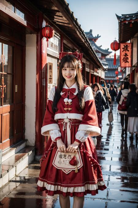 best quality, masterpiece, photorealistic, realistic, 1girl, solo, looking at viewer, grin, cowboy shot, long black hair, straight hair, bangs, arms at side, blunt bangs, standing, cyb dress, layered dress, long sleeves, hair bow, frilled dress, overcoat, bowtie, lantern, rich detailed, spring festival, snowfall, retro architecture streets, pedestrians, chinese antique, traditional chinese architecture, people, <lora:chinese_new_year_dress_style1_v1:0.7>