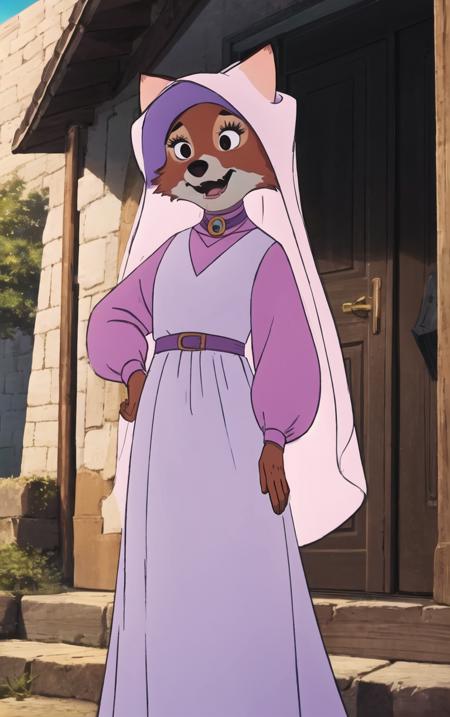 CARTOON_MaidMarian_ownwaifu,
1girl, furry, furry female, animal ears, black eyes, body fur, snout, two-tone fur, orange fur, animal nose, fangs,  tail,
dress, long sleeves, purple dress, veil, choker, jewelry, brooch, hood up, long dress, belt, gem, puffy sleeves,
<lora:CARTOON_MaidMarian_ownwaifu:1>
((masterpiece)),((best quality)),(highres, absurdres), original, official_art, looking at viewer, solo, focused, outdoors, day, cowboy shot,