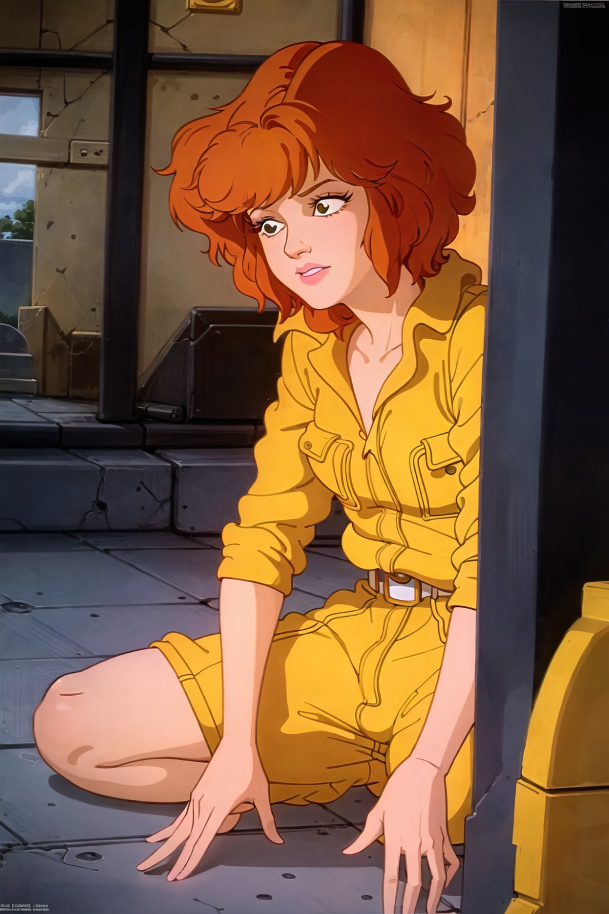 april o'neil, 1980s \(style\), 1girl, brown hair, indoors, jumpsuit, orange hair, retro artstyle, short hair, solo <lora:a...
