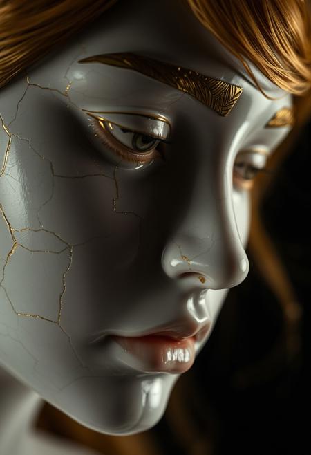 Closeup of a Cracked Porcelain woman face, gold hair, kintsugi, cracks repaired with gold, surrealistic, dark background, dramatic light