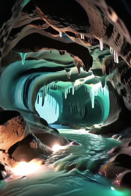 slime-morph, sl1m3d, made of slime, cave, slime river, cave stalagmite, bright lights, ultra realistic