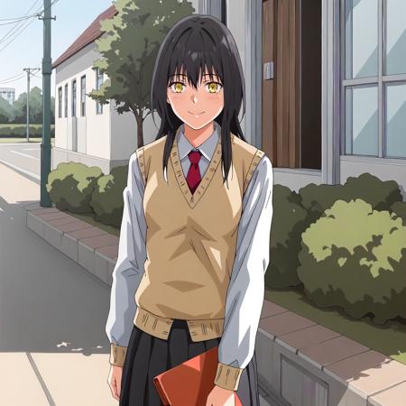 MiaSato,1girl,black hair,long hair,yellow eyes, collared_shirt,long_sleeves,sweater_vest,red tie, pleated_skirt,black skirt, black socks, sweater jacket,gray jacket,white shirt, brown skirt, t -shirt,short_sleeves, brown skirt, blue track jacket, blue pants, school_uniform,blazer,necktie, pleated_skirt,black skirt,