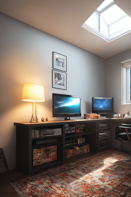 (masterpiece), (best illustration), (no humans), anime background, gaming bedroom, television with large computer, ring lighting , rim lighting,(extremely detailed CG unity 8k wallpaper),(masterpiece), (best quality), (ultra-detailed), (best illustration),(best shadow),perfect lighting , perfect anatomy , vivid colors, BgAniDusk