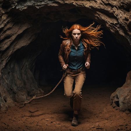 Woman running towards the camera, inside a dark cave. A giant rocky sphere is behind her.
She's wearing a brown fedora, brown leather jacket, baggy pants.  There are lots of skulls and bones on the ground.
She has a worried look on her face.  She has long flowing orange hair.
A leather whip is coiled up on her hip.