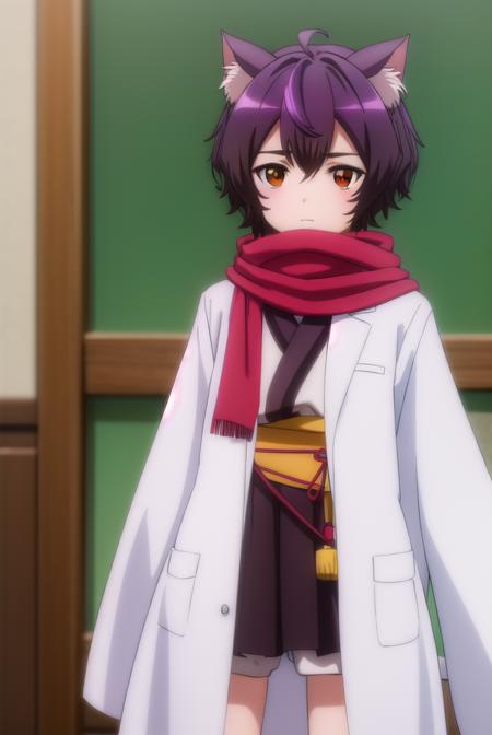 origacalmeria, <lora:origa calmeria s2-lora-nochekaiser:1>,
origa calmeria, short hair, purple hair, animal ears, (brown eyes:1.5), ahoge, cat ears, cat girl,
BREAK tail, japanese clothes, scarf, cat tail, sleeves past wrists, sleeves past fingers, labcoat, bandaged leg,
BREAK indoors,
BREAK looking at viewer, (cowboy shot:1.5),
BREAK <lyco:GoodHands-beta2:1>, (masterpiece:1.2), best quality, high resolution, unity 8k wallpaper, (illustration:0.8), (beautiful detailed eyes:1.6), extremely detailed face, perfect lighting, extremely detailed CG, (perfect hands, perfect anatomy),