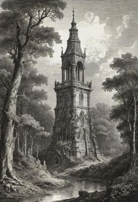 a Gustave Dor etching of beautiful elven belfry with a cupola that blends architecturally with nature, ((best quality, masterpiece))