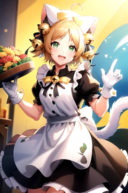 <lora:Miiko-06:0.7>, miikod4, looking at viewer, smile, open mouth, hair ornament, gloves, hat, dress, bow, holding, animal ears, tail, short sleeves, :d, green hair, cat ears, apron, puffy short sleeves, cat tail, bell, candy, jingle bell, maid apron, animal hands, hair bell, tail ornament, paw gloves, animal hat, tail bow, cat paws, cat hat