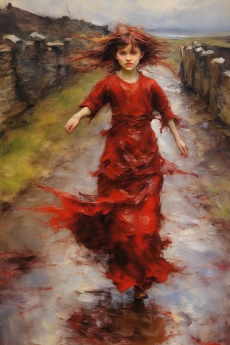 <lora:William McTaggart Style:1>William McTaggart Style - Oil Painted Poetry, She walks through the village in her little dragon 's blood dress, all absorbed in restraining herself, and yet, despite herself, she seems to move according to the rhythm of her life to come. She runs a bit, hesitates, stops, half-turns around and, all while dreaming. head over the shoulder, dancing, face visible, Cinematic, dramatic, vibrant dragon's blood, motion, movement