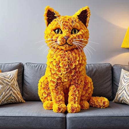 cat made of marigold flower, best quality, indoor, beautiful background, vase, flower, couch, wall decoration, detailed image, 4k, 8k