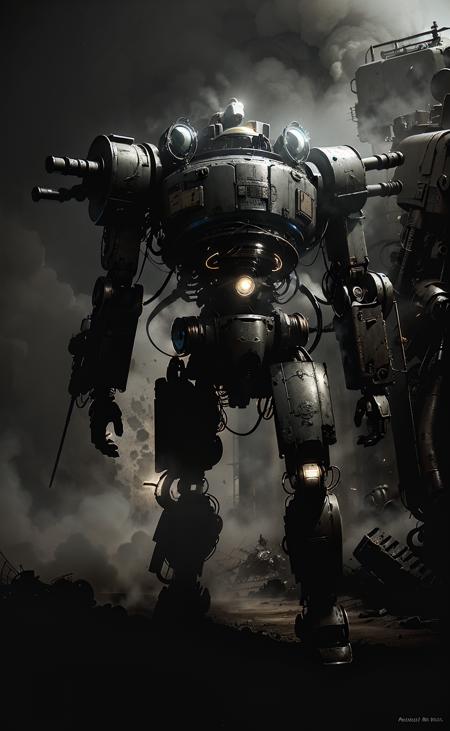 ,emotional depth,Poetic lens,obscure light and shadow,full body,(battle mech),
 ,<lora:decolorization:1.3>, decolorization,<lora:epiNoiseoffset_v2:1> <lora:SteamPunkMachineryv2:0.7>,cyborg, SteamPunk,