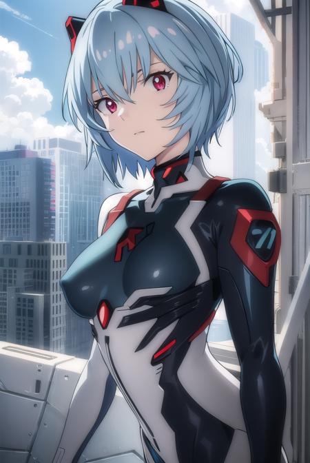 reiayanami, <lora:rei ayanami rebuild-lora-nochekaiser:1>, 
rei ayanami, (ayanami rei:1.2), blue hair, short hair, (red eyes:1.3),
BREAK bodysuit, headgear, plugsuit, black bodysuit,
BREAK outdoors, city, sky, sun, clouds,
BREAK looking at viewer, (cowboy shot:1.5),
BREAK <lyco:GoodHands-beta2:1>, (masterpiece:1.2), best quality, high resolution, unity 8k wallpaper, (illustration:0.8), (beautiful detailed eyes:1.6), extremely detailed face, perfect lighting, extremely detailed CG, (perfect hands, perfect anatomy),