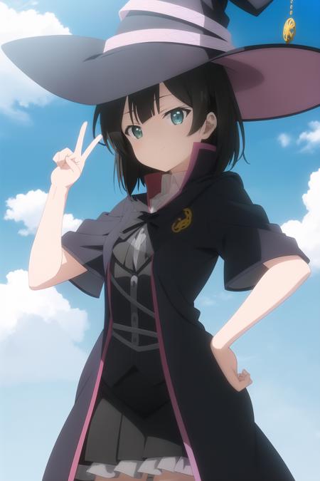 masterpiece, best quality, 1girl, (saya \(majo no tabitabi\):1.2), witch hat, short hair, sky