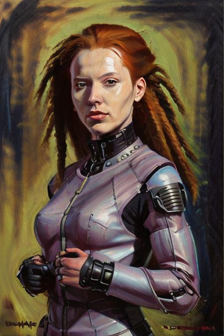(woman:0.6) from the future, cyber punk clothing redhead, dreadlocks, commander  <lora:jgurney:0.7> oil painting brush strokes